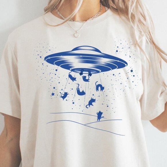 Tops - Funny UFO Abduction Tshirt, Cat UFO Alien Tee
